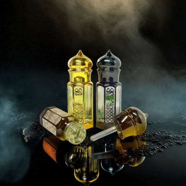 White oud fragrance bottle with a luxury dropper on a dark elegant background