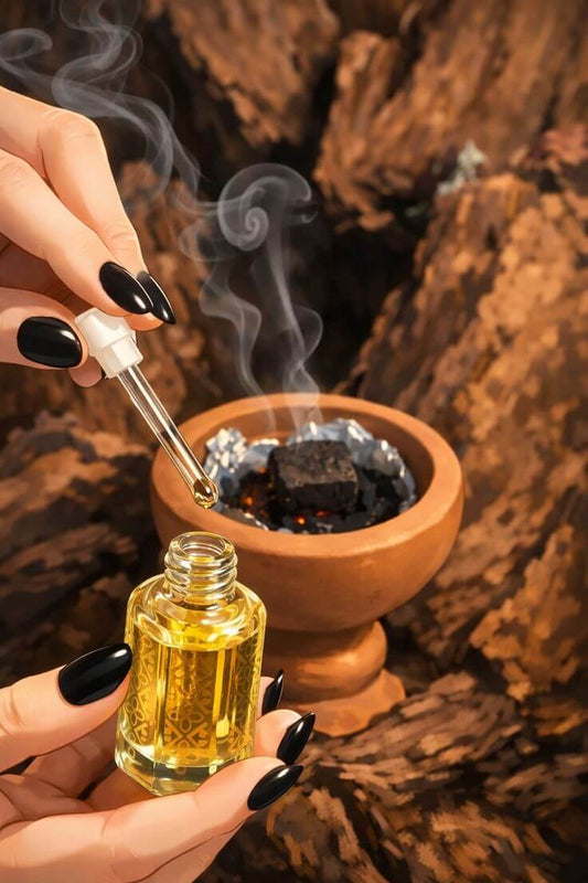 Luxury oud fragrance concept representing psychology of scent, power, and identity in a dark elegant setting
